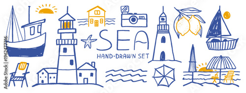 Collection of hand-drawn marine illustrations with coastal elements like a lighthouse, sailboat, beach umbrella, and camera,  Doodle summer vacation set.