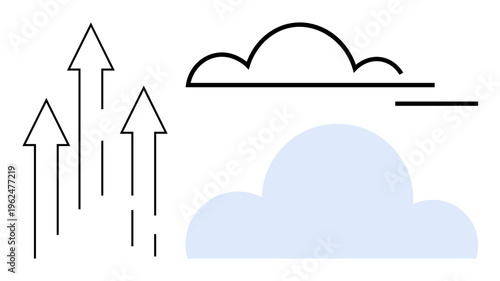 Growth and development, technology innovation, data systems, upward trend, cloud computing, modern advancement. Minimalist clouds with upward arrows. Growth and technology innovation concept