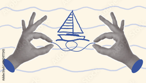 Retro halftone hands holding a string tied into a knot with a hand-drawn sailboat above wavy blue water lines for nautical travel and summer vacation design projects.