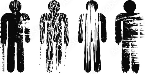 abstract grunge silhouettes with distressed texture in black, vertical scratches, worn man figures design