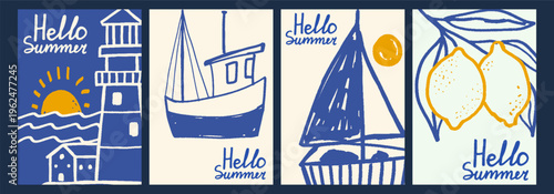 Set of four hand-drawn summer posters with simple nautical doodle illustrations of a coastal lighthouse, fishing boat, sailboat, and fresh lemons.