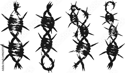 Grunge black barbed wire art set with sharp spikes elements in rough distressed
