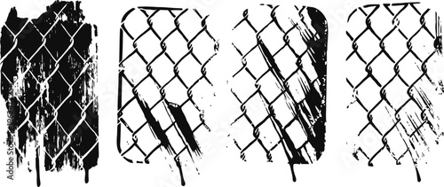 grunge distressed chain link fence silhouettes on white background, vector design elements