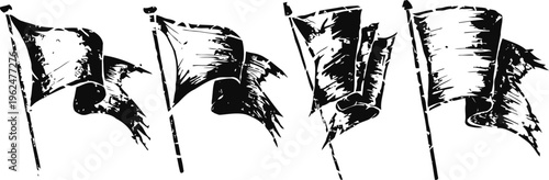 set of four vintage flags waving in the wind hand drawn grunge banners on poles with tattered edges