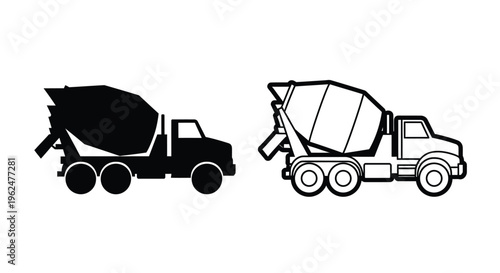 Two concrete mixer trucks in contrasting black and white styles