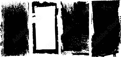 Black grunge paint brush strokes set on white background distressed texture ink splatter in vertical rectangular shapes for artistic design