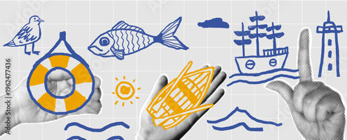 Retro pop art collage on a grid background with vintage halftone hands and nautical doodles of a seagull, life buoy, fish, rowboat, sailing ship, and lighthouse. Summer travel and marine design