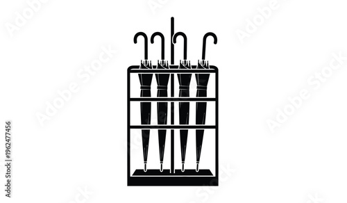Bild auf Leinwand Silhouette of a black umbrella stand with multiple umbrellas on a white backgrou