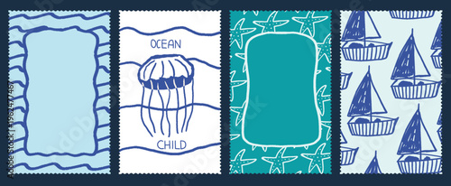Hand-drawn nautical set of four cards with postage stamp and doodle ocean wave, medusa, star, sailing boat and blank frames