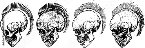 set of punk skulls with mohawk hairstyles in black and white vintage