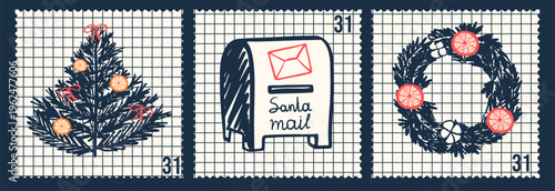 Set of three retro Christmas postage stamp illustrations with fir tree, Santa mail box with letter and holiday wreath with orange slice on grid background