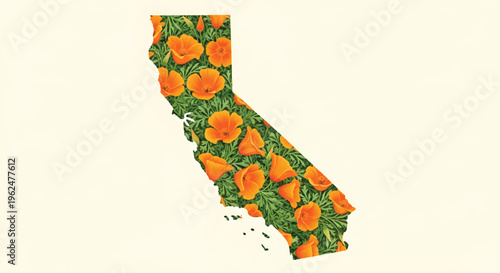 California state map silhouette with orange poppy flowers, floral botanical map of California, vintage nature illustration vector