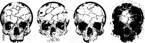 Four cracked skulls in black and white ink grunge with different textures and details
