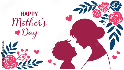 Happy Mother’s Day Greeting Card with Mother and Child Silhouette Floral Vector Illustration