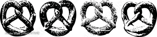 four black and white pretzel silhouettes with textured, rough edges isolated on white