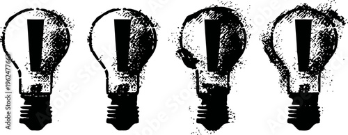 Four distressed light bulb icons with exclamation marks symbolizing warning and alert