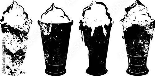 Four black and white silhouettes of ice cream cones and cups in different shapes and textures