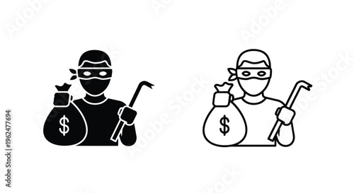Thief icon set filled and outlined versions depicting criminal activity