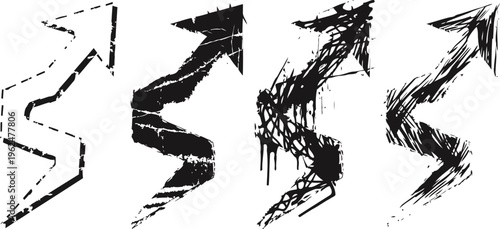 set of four hand drawn arrows pointing upward with rough, sketch, graffiti, and ink drip styles