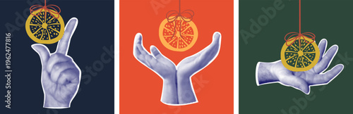 Set of three pop art collage posters with blue halftone hands and citrus orange slices tied with red bows.