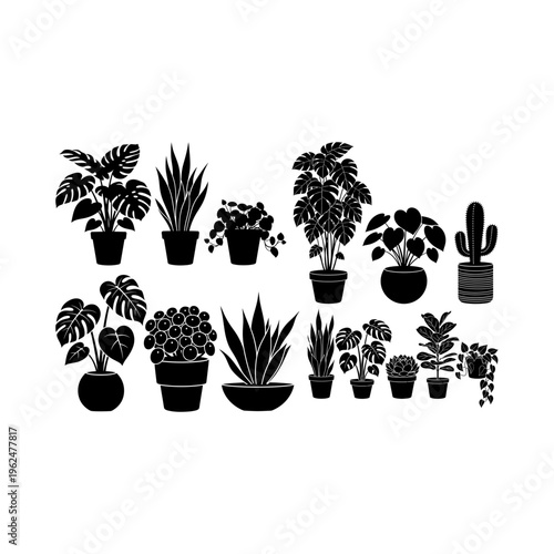 Houseplants in Pots Silhouette Collection for Home Decoration

