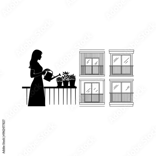Woman Delivering Food to Apartment Building Silhouette Illustration

