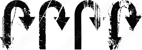 Grunge black arrow set turning right, curved shapes with textured distressed effect
