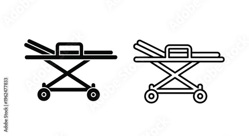 Two black line art depictions of a hospital stretcher or gurney