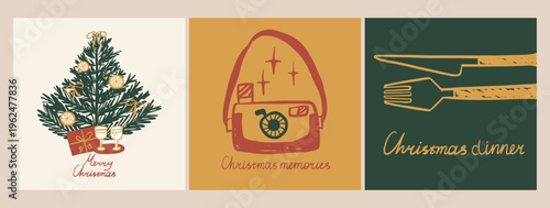 Retro style Christmas greeting cards with hand drawn pine tree with gifts and champagne, vintage camera for holiday memories and cutlery for festive dinner