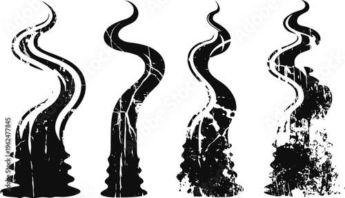 Black smoky plumes with wispy tendrils in four grunge silhouette styles on white background