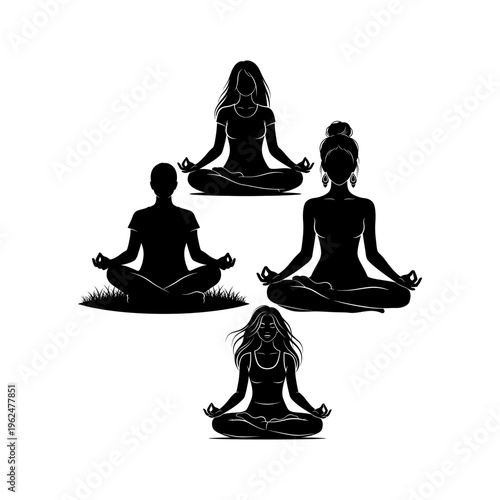 Women Practicing Yoga and Meditation Silhouette Illustration

