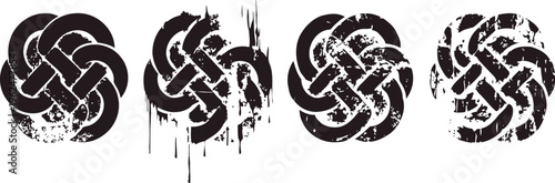 Set of four black distressed circular knot designs with weathered texture and vintage grunge