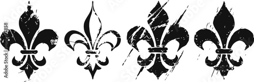 Four distressed fleur de lis symbols in black and white with grunge texture and variation in