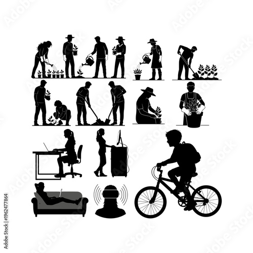 Active People Silhouette Set with Cycling, Walking, and Outdoor Activities

