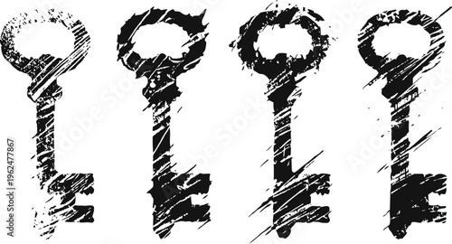 set of four vintage keys with grunge texture isolated on white background