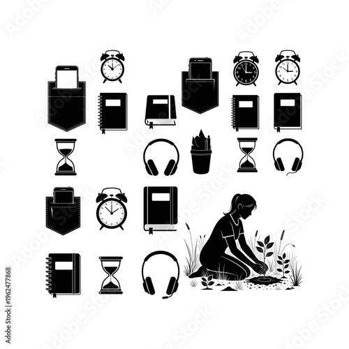 Time Management and Productivity Icons Silhouette Set

