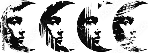abstract black and white lunar phases with artistic female face silhouette in grunge