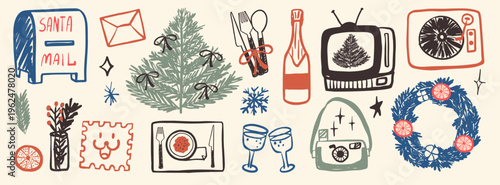 Set of hand drawn retro style Christmas doodles with pine tree, vintage television, record player, Santa mailbox and festive wreath.Holiday vector elements