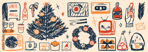 Set of hand drawn retro style Christmas doodle elements with pine tree, wreath, vintage television, record player, gifts and holiday treats. Vector festive collection
