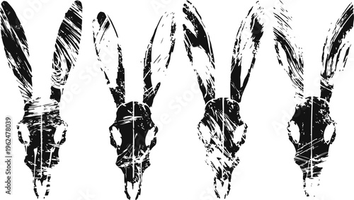 Four grunge rabbit skull illustrations with long ears in black and white