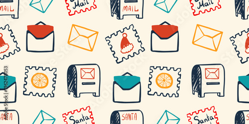 Seamless pattern with retro style Christmas mail elements, Santa postbox, envelopes  and festive postage stamps