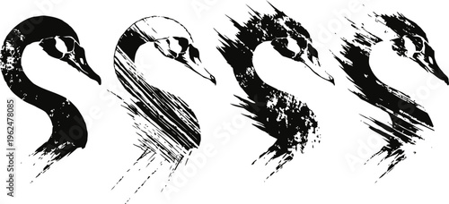 artistic swan head silhouettes in black and white with progressive grunge and glitch effects