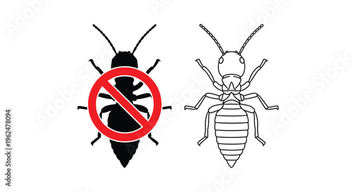 Termite pest control illustration a forbidden sign and a detailed insect