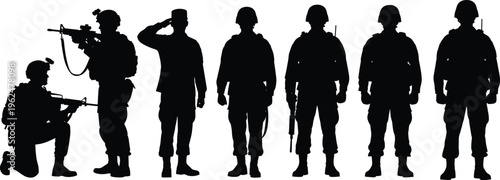 military, soldiers, silhouette, army, team, combat, defense, security, troops, weapon, tactical, mission, uniform, war, protection, service, patriotism, strength, discipline, lineup
