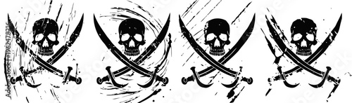 grunge black pirate flags with skull and crossed swords in a row on white background