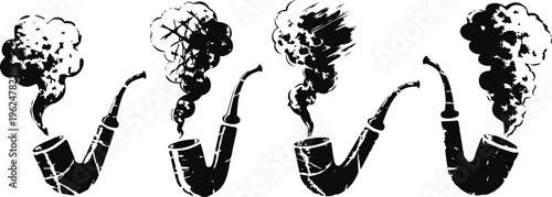 Four black smoking pipes with swirling smoke shapes silhouette set