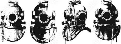 Vintage deep sea diving helmet illustration antique diver equipment with round glass and metal valves classic underwater exploration gear