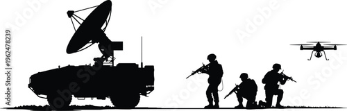 Modern military operation silhouette, soldiers with rifles, tactical communication vehicle, drone surveillance technology, battlefield teamwork, defense strategy, combat readiness illustration