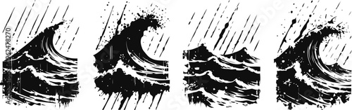 set of grunge ocean wave icons with rain drops and rough textured