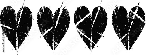 rustic black heart silhouettes with rough textured lines and scratches on white background
